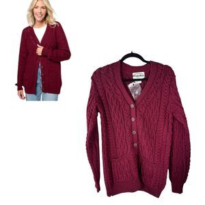Arancrafts Ireland 100% Merino Wool Burgundy Maroon Knit Cardigan Small NEW